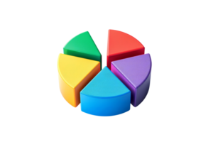 Colorful 3D pie chart illustration with six segments in various colors, ideal for business, statistics, data visualization, and presentations. png
