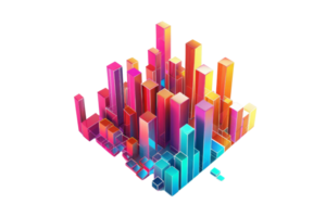 Colorful 3D graphical representation of data with bar charts, showcasing information visually with vibrant and dynamic design elements. png