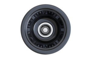 Close-up of a metal speaker cone, capturing the intricate design and detailing of the sound equipment from a top-down perspective. png