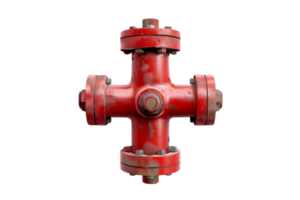 Close-up of a red industrial piping component in a cross shape, used in oil and gas industries for various high-pressure applications. png