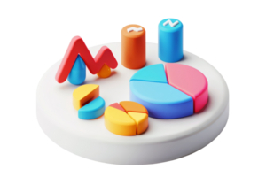 Colorful 3D business chart and graph elements on white platform, representing data analysis, report generation, and financial metrics. png