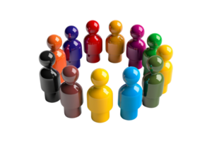 Colorful 3D figures standing in a circle representing teamwork, unity, and collaboration in a diverse group setting. png
