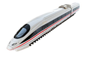 High-speed modern train in white and red colors isolated on transparent background. showcasing sleek design and advanced technology. png