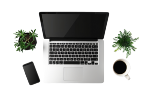Flat lay view of a laptop, smartphone, coffee mug, and plants on a transparent background. Perfect for work from home, business, and productivity themes. png