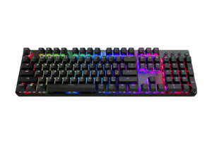 Mechanical RGB keyboard with illuminated keys, perfect for gaming and professional use. Features customizable lighting and durable design. png