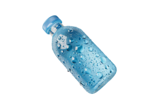 Refreshing blue plastic water bottle with condensation, isolated on transparent background. Ideal for advertising and hydration concepts. png