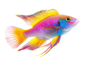 Vibrant tropical fish with colorful scales and flowing fins, isolated on transparent background. Perfect for aquatic-themed designs and concepts. png
