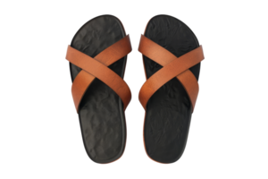 Top view of a pair of black and brown crisscross sandals isolated on transparent background. Modern and stylish footwear for summer comfort. png