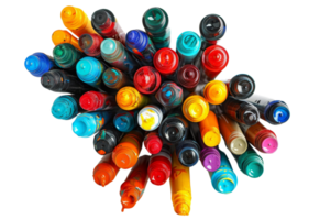 Top view of a collection of colorful markers arranged in a cluster on a transparent background. Ideal for art and stationery themes. png