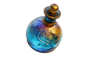 Vibrant fantasy potion bottle with intricate design, glowing with colorful swirls, perfect for magical and mystical themes. png