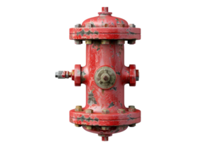 Vintage red fire hydrant with rust and wear isolated on transparent background. showcasing industrial design and antique charm. png