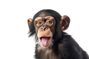Young chimpanzee with open mouth against transparent background. The chimp looks excited and playful, showing its expressive face. png