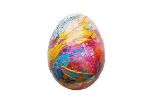 Vibrant and colorful Easter egg with artistic paint splashes and abstract design, isolated on a transparent background. perfect for holiday decoration. png