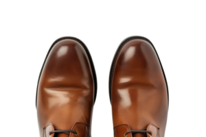 Top view of polished brown leather dress shoes on a transparent background. showcasing elegance and sophistication in formal footwear. png