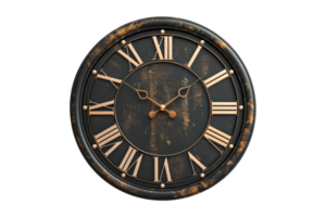 Vintage wall clock with Roman numerals, rustic design. Ideal for home decor, capturing timeless elegance and classic style in any room setting. png