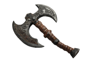 Intricately designed medieval double-sided axe with carved details and a leather-wrapped handle, perfect for fantasy or historical themes. png