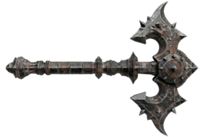 A detailed image of a medieval fantasy battle axe with rustic, sharp blades and ornate handle, perfect for RPG concepts and historical themes. png