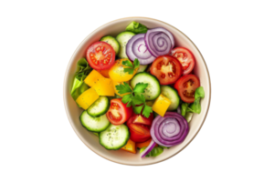 A vibrant bowl of fresh vegetable salad with tomatoes, cucumbers, bell peppers, and red onions. Perfect for a healthy and colorful meal. png