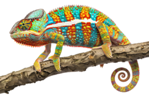 Vibrant chameleon perched on a branch displaying colorful patterns and textures in natural habitat. Perfect for nature and wildlife imagery. png
