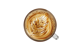A beautifully crafted coffee with intricate latte art on a frothy surface, captured from a top-view angle in a transparent cup. png