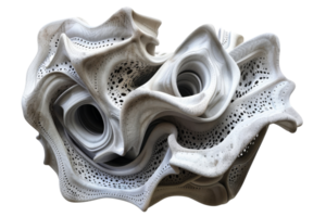 Abstract 3D printed sculpture with complex, organic shapes and intricate patterns in white material, resembling coral or porous stone. png