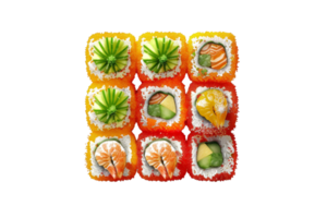 A colorful assortment of sushi rolls arranged in a grid pattern, showcasing vibrant toppings and fresh ingredients. png