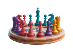 Close-up of a colorful chess set with vibrant pieces on a circular board, isolated on a transparent background. png
