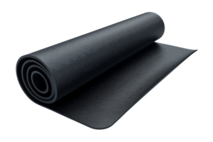 A rolled-up black exercise mat, perfect for yoga, Pilates, and various fitness activities, providing comfort and support during workouts. png