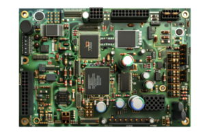 Close-up of a green printed circuit board with various components including capacitors, resistors, and integrated circuits. png