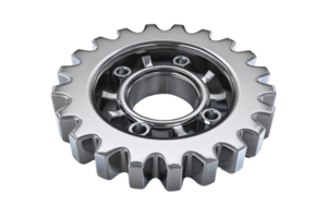 Close-up of a metallic gear wheel with sharp teeth and a central hole, essential for mechanical applications and industrial machinery. png