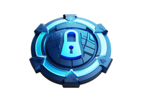 Blue security lock icon with a futuristic design, symbolizing digital security and protection on a black background. png