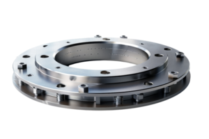 Close-up of a shiny metal industrial ring component with bolts, showcasing precision engineering and intricate design. png