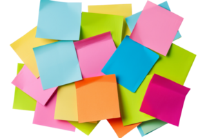 Assorted colorful sticky notes piled together, perfect for reminders, organization, and creative brainstorming ideas. png