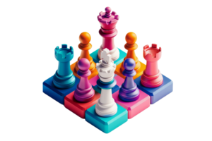 Colorful chess pieces in a creative arrangement on a geometric board, representing strategy, teamwork, and creativity. png