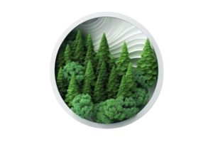Circular decorative illustration of a forest with lush green trees and intricate paper-cut style layers, creating an artistic natural scene. png