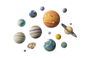 Colorful artistic illustration featuring various planets of the solar system arranged on a transparent background. png
