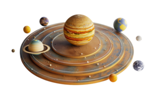 Colorful model of the solar system featuring planets orbiting around the sun on a wooden circular base, highlighting planetary positions. png