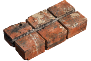 Close-up of six old, weathered red bricks arranged in two rows, showing texture and wear, isolated on a transparent background. png