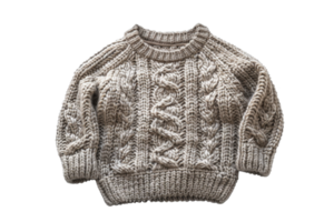 Cozy knitted baby sweater in beige color with intricate cable patterns. Perfect for keeping little ones warm and stylish during cold seasons. png