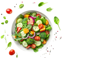 Fresh vegetable salad with tomatoes, cucumbers, onions, and greens in a white bowl on a transparent background. Healthy and nutritious meal. png