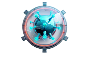 Futuristic illustration of a virus molecule within a shield representing protection and security in a digital or biological context. png