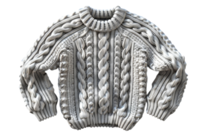 acogedor fornido tejer suéter en un neutral matiz con intrincado cable patrones, Perfecto para un calentar y elegante estratificación pedazo en frío clima. png