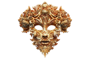 Ornate, intricately designed Venetian mask with gold and bronze hues, featuring elaborate patterns and floral motifs, perfect for masquerade events. png