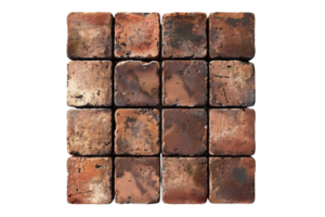 Old, weathered brick tiles arranged in a square pattern, showing aged texture and varying shades of brown, perfect for backgrounds or designs. png