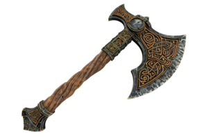 Intricately designed medieval-style battle axe with ornate carvings and a wooden handle, perfect for historical reenactments or fantasy themes. png