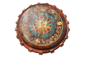 Intricately designed wooden shield with colorful patterns and symbols, showcasing beautiful craftsmanship and cultural art. png
