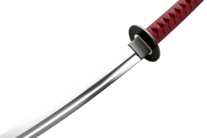 de cerca de un tradicional japonés katana espada con un agudo espada y rojo manejar, aislado en un transparente antecedentes. png