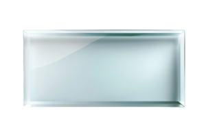 High-quality close-up of an empty rectangular glass dish with a reflective surface, perfect for culinary or product display purposes. png