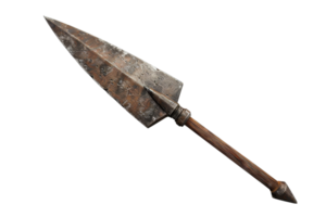 Close-up of a vintage, rusty spearhead with a wooden handle against a plain background. Ideal for historical or weaponry stock imagery. png