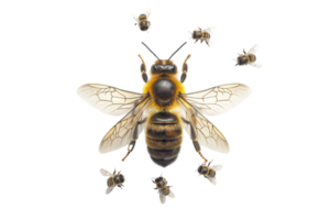 Close-up of a bee and smaller bees flying around against a transparent background. showcasing details in wings and colors of the bees' bodies. png
